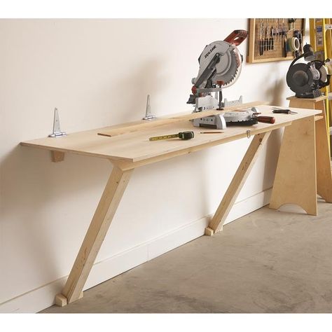 Fold-Flat Workbench Folding Workbench, Workbench Plans, Garage Work Bench, Garage Shop, Wall Table, Diy Garage, Garage Workshop, Garage Storage, Wood Shop