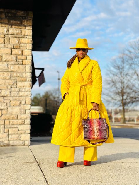 Chic and Elegant coat with platform heels Yellow Coat Outfit Winter, Yellow Long Coat Outfit, Yellow Hat Outfit, Hat Outfit Women, Chic Oversized Yellow Outerwear, Yellow Oversized Hooded Outerwear, Yellow Faux Fur Coat, Belt Coat, Brahmin Bags