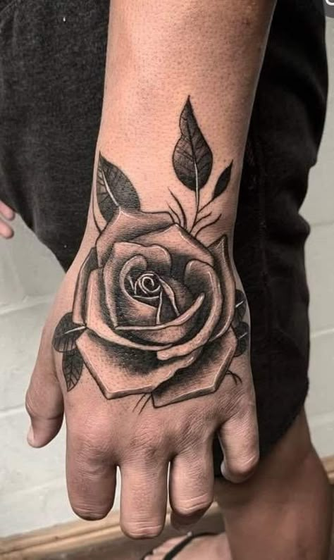 Rose Tattoo For Hand, Black Rose Hand Tattoo Men, Mens Rose Hand Tattoo, Hand Rose Tattoo Men, Rose Hand Tattoo Design, Black Rose Hand Tattoo, Rose Hand Tattoo Men, Tattoo Rose Hand, Outline Rose Tattoo