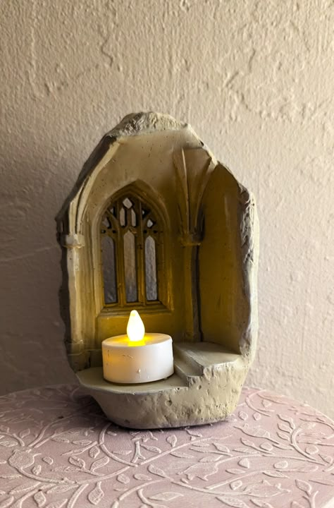 A Gothic-style cement window sill candlestick. The candle is not included, but if you want me to send you a candle, please let me know. You can choose the color, see the size on the photo. Photo Candle Holder, Candle Holder Clay Pottery, Ceramics Candle Holder Ideas, Ceramic Shrine Ideas, Clay Objects Ideas, Clay Altar Ideas, Useful Ceramic Projects, Hanging Clay Art, Handmade Ceramic Gift Ideas