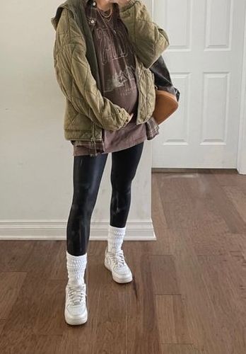 My favorite maternity leggings. They come in 20 colors, including faux leather.  *this is a commissionable link  faux leather leggings white sneaker quilted jacket hoodie comfy cozy bump friendly maternity postpartum outfit