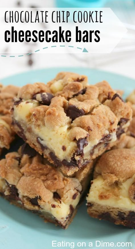 Oh you are going to love this delicious dessert! Chocolate chip cookie cheese cake bars. You two amazing desserts all in one delicious bar. YUM! Chocolate Chip Cookie Cheesecake Bars, Cookie Cheesecake Bars, Natasha Kitchen, Desserts Nutella, Biscotti Cheesecake, Cheesecake Bars Easy, Chocolate Chip Cookie Cheesecake, Cookie Cheesecake, Cheesecake Oreo