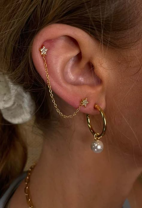 Gold dainty double star earrings  14k gold vermeil  lightweight  nickel and lead free Earrings For 3 Piercings, Cute Gold Piercings, Cute Earrings For Double Piercings, Celestial Ear Stack, Multiple Ear Piercings Gold, Stacked Earrings Aesthetic, Dainty Earring Stack, Earring Stacks Gold, Piercing Sets