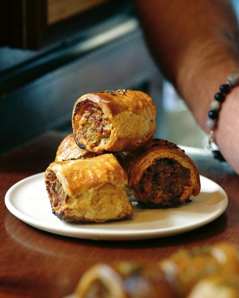 Tom Kerridge's mini pork sausage rolls with 'nduja - delicious. magazine Sausage Roll Recipes, Pork Sausage Rolls, Nduja Recipe, Celebrity Chef Recipes, Tom Kerridge, Sausage Rolls Recipe, Sausage Roll, Prawn Cocktail, Roll Recipes