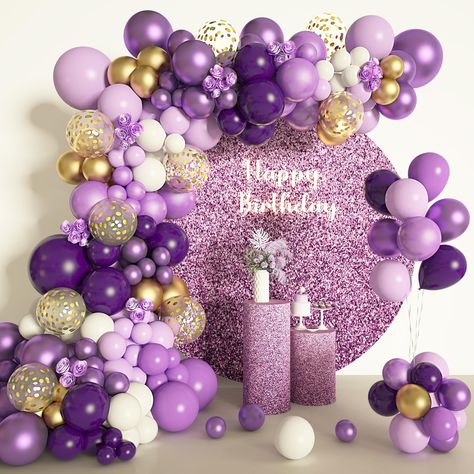 Purple Balloons Garland, Gold White Balloons, Purple Party Decorations, Light Pastel Purple, Balloon Arch Decorations, Wedding Anniversary Decorations, Gold Confetti Balloons, White Confetti, Purple Balloons