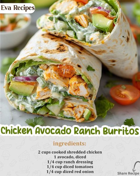 Chicken Avocado Ranch Wrap, Healthy Chicken Burritos, Soul Food Meal Prep, Avocado Chicken Wrap, Chicken Avocado Wrap, Burrito Recipes, Weeknight Casseroles, Healthy Breakfast Burrito, Lunch Meals