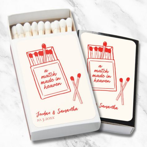 A Match Made in Heaven Red Cute Wedding Matchbooks. Personalized with your names and date. Wedding Etsy Ideas, Original Wedding Favors, Perfect Match Matches, Artifact Events Chicago Wedding, Cool Wedding Gifts For The Couple, Fun Things At Weddings, Wedding Favor Matches, Wedding Match Books, Match Made In Heaven Bridal Shower Theme