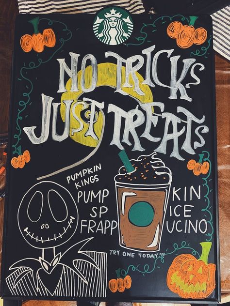 Cafe Chalkboard Art Menu, Starbucks Signs Chalk Fall, Starbucks Fall Board, Coffee Shop Board Design, Fall Starbucks Signs, Starbucks Halloween Board, Starbucks Design Poster, Fall Themed Chalkboard, Coffee Board Ideas