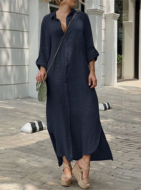 Linen Style Fashion, Dirndl Outfit, Long Linen Dress, Maxi Shirts, Mini Robes, Loose Fitting Dresses, Maxi Shirt Dress, Linen Style, Button Dress