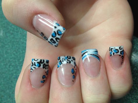 Blue, black, silver Leopard and zebra print nail design. Nails by SarahO Silver Acrylic Nail Designs, Silver Acrylic Nails, Zebra Print Nails, Cheetah Nails, Punk Nails, Almond Nut, Leopard Print Nails, Nagel Tips, Zebra Design