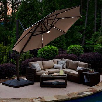 11' LED Solar Round Cantilever Umbrella Square Umbrella Outdoor, Big Umbrella Outdoor Patio, Cantilever Umbrella Patio Ideas, Roof Decoration Ideas Rooftop, Backyard Umbrella Ideas, Backyard Layout Ideas Rectangle, Backyard Furniture Ideas Seating Areas, Patio Umbrella Ideas, Patio Umbrellas Outdoor