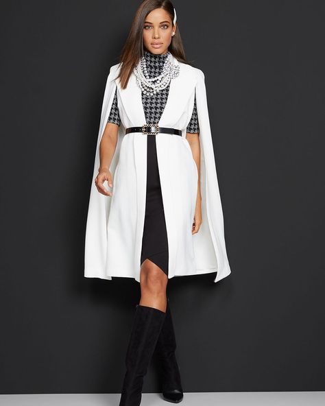 Dramatic entrance with this statement cape. #nyandcompany Belted Cape Coat, Western Wardrobe, Belted Cape, Cape Fashion, Chic Jacket, Cape Jacket, Black And White Tops, Cape Coat, Black Paper