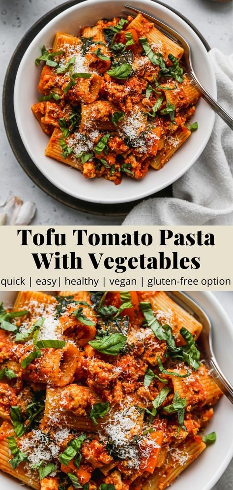 This tofu tomato pasta sauce is packed with veggies, fiber, and plant-based protein! It’s such a quick, go-to weeknight dinner idea and is an awesome way to clear out the fridge. Feel free to customize it! Recipe is vegan and can be made gluten-free. Pasta With Vegetables, Recipes Chili, Pasta Bread, Vegan Pasta Dish, Free Dive, Vegetarian Pasta Recipes, Vegan Pasta Recipes, Veggie Pasta, Vegetable Pasta