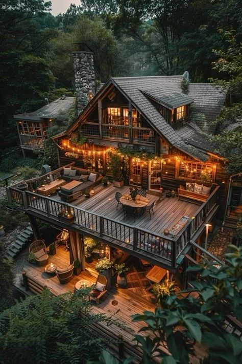 Dark Wood Mansion, Large Cabin In The Woods, House In The Middle Of The Forest, Tree House Architecture, Woodland Mansion, Country Dining Room Decor, Houses In The Woods, French Country Dining Room Decor, Forest Houses