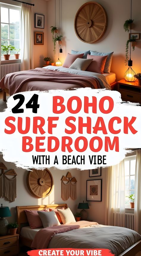 Dive into the coastal charm of a Boho Surf Shack Bedroom with a Beach Vibe. This serene design combines natural elements, soft textures, and oceanic hues to create a tranquil retreat. Discover tips on how to bring the seaside into your home with beachy decor, seashell accents, and rattan furniture. Perfect for creating a relaxing sanctuary inspired by your favorite surf destinations. Explore ideas, gather inspiration, and start your boho beach transformation today! #BohoBedroom #BeachVibe #Su... Surf Inspired Bedroom, Surf Shack Bedroom, Boho Surf Shack, Shack Bedroom, Hawaiian Room, Beachy Bedroom Ideas, Beachy Boho Bedroom, Surfboard Coffee Table, Serene Design