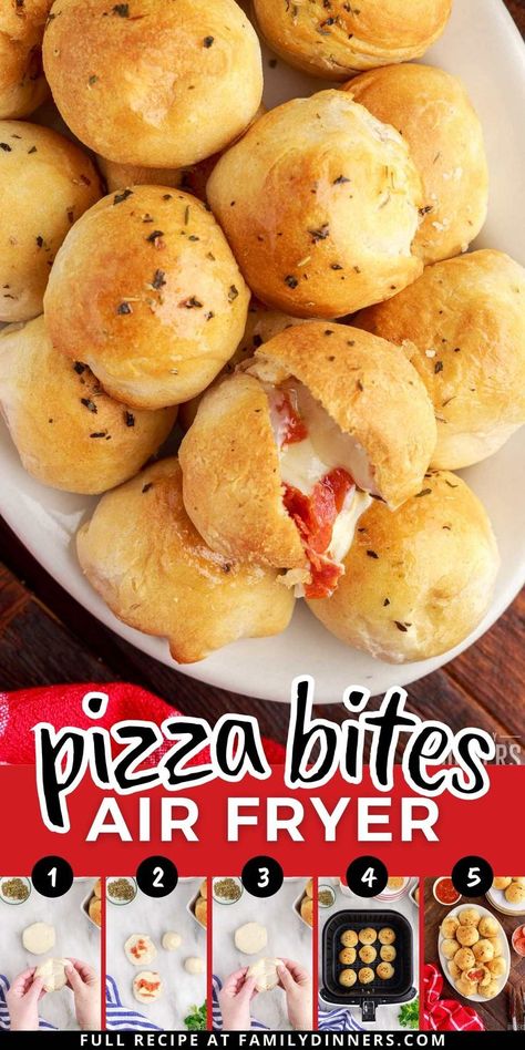 To make this quick and easy pizza snack, simply wrap some flaky biscuit dough around pepperoni and mozzarella, top it with butter and Italian seasoning and cook it up in the air fryer! Air Fryer Pizza Bombshell, Air Fryer Canned Biscuit Recipes, Air Fryer After School Snacks, Air Fryer School Lunch Ideas, Air Fry Pizza Rolls, Easy Food To Make At Home For Lunch, Pizza Bites With Biscuits, Ideas With Pizza Dough, Air Fryer Supper Ideas