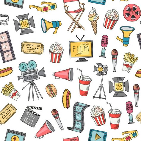 Cinema Doodle, Cinema Background, Stickers On Laptop, Icons Doodle, Diy Movie Night, Doodle Icons, Sticker Organization, Cinema Art, Doodle Icon