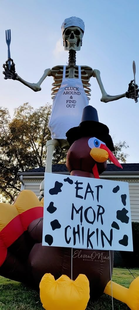 Giant Skeleton Thanksgiving, Thanksgiving Skeleton Ideas, Thanksgiving 12ft Skeleton, 12 Foot Skeleton Ideas For Thanksgiving, 12 Ft Skelly Ideas, Funny Skeleton Displays, 12ft Skeleton Outfits, 10ft Skeleton Ideas, Large Skeleton Ideas