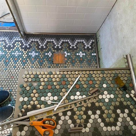 Large Penny Tile Bathroom, Penny Tile Stripes, Popular Bathroom Tile, Penny Tile Patterns, Penny Tiles Bathroom Floor, Penny Tile Shower Floor, Penny Round Tile Bathroom, Penny Floors, Penny Tile Bathroom