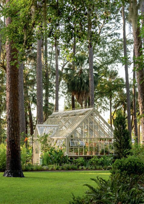 Greenhouse Surrounded By Garden, White Greenhouse Aesthetic, Big House Garden, Beautiful Green Houses, English Garden Greenhouse, Barndominium With Greenhouse, Mansion Greenhouse, Large Green House, Whimsical Greenhouse