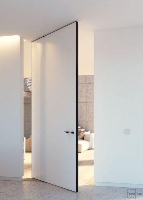 Modern pivot door with offset axis pivoting hinges that don't require any built-in parts to either floor or ceiling. #portapivot Doors Interior Modern, Interior Design Per La Casa, Bathroom Door, Pivot Doors, Sliding Barn Door Hardware, Open Door, House Doors, Modern Door, Bathroom Doors