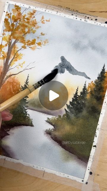 Sable on Instagram: "Watch this scene come to life ✨

#watercolors #nature #fall #autumn" Watercolor Mountains Tutorial, Painting A Mountain, Nature Fall, Oil Pastel Drawings, Watercolor Mountains, Landscape Art Painting, Autumn Scenes, Mountain Lake, Pastel Drawing