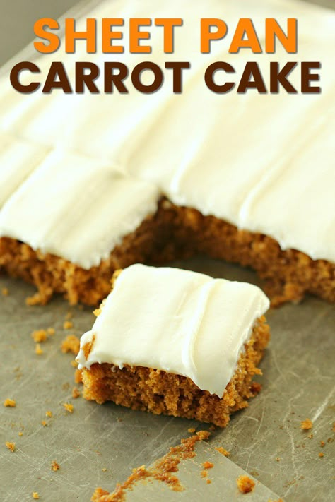 Sheet Pan Carrot Cake, Caramel Praline, Baby Carrot Recipes, Fluffy Cream Cheese Frosting, Six Sisters Stuff, Shredded Carrots, Sheet Cake Recipes, Delicious Cream, Feed A Crowd