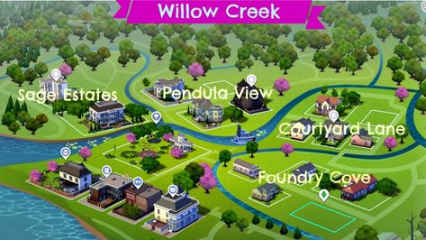 Sims 4 Neighborhood Maps: All in One Sims 4 Neighborhood, Sims 4 Willow Creek, Map Layout, Pet Cemetery, Cat Playground, Picnic Bench, Public Restroom, Willow Creek, Party Places