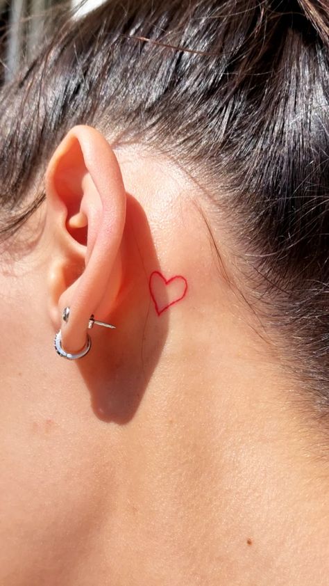 Heart Tattoo Behind Ear, Doodle Tattoos, Small Heart Tattoo, Small Heart Tattoos, Small Tats, Neck Tattoos, Red Love Heart, Doodle Tattoo, Red Ink Tattoos