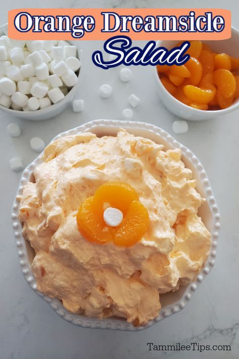 Easy Orange Dreamsicle Salad Recipe is perfect for family dinners, potlucks, barbecues, or a snack. Tastes just like an orange creamsicle but in a jello fruit salad form. All you need is five ingredients and a few minutes to make this easy no bake dessert salad recipe. Orange Fluff Salad, Dreamsicle Salad Recipe, Orange Recipes Dessert, Jello Fruit Salads, Orange Jello Salads, Fluff Salad Recipes, Orange Fluff, Greek Pasta Salad Recipe, Pea Salad Recipes