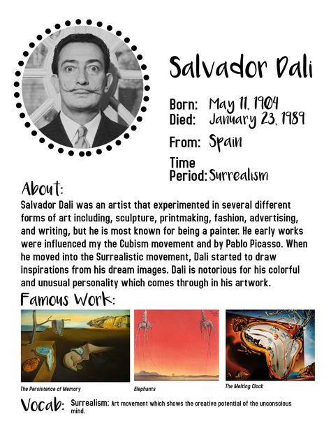 At home art lessons for kids  |  Salvador Dali art projects for kids  |  Art history lessons for kids  |  Surrealism Art  |  Home School art  |  Kindergarten- 6th Grade Salvador Dali Art Projects, History Lessons For Kids, Art Kindergarten, Salvador Dali Art, Art History Lessons, Dali Art, Art Trippy, Istoria Artei, Art Projects For Kids