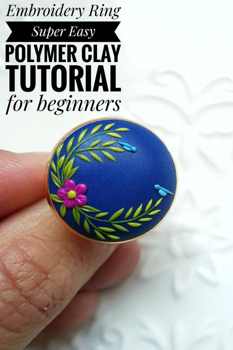 Polymer Clay Embroidery Technique, Modeling Clay Jewelry, Polymer Clay Embroidery Tutorial, Polymer Clay For Beginners, Diy Flower Ring, Polymer Clay Jewelry Techniques, Bird Polymer Clay, Tutorial Polymer Clay, Easy Polymer Clay