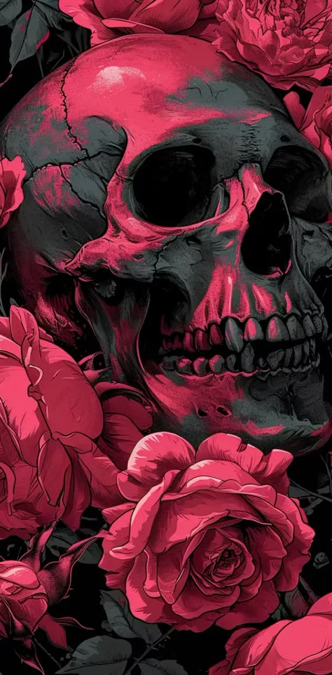 Pink Skull Tattoo, Edgy Art Aesthetic, Skull Background, Colorful Skull Art, Wallpaper Edge, Skull With Roses, Iphone Dynamic Wallpaper, Skull And Roses, Goth Wallpaper