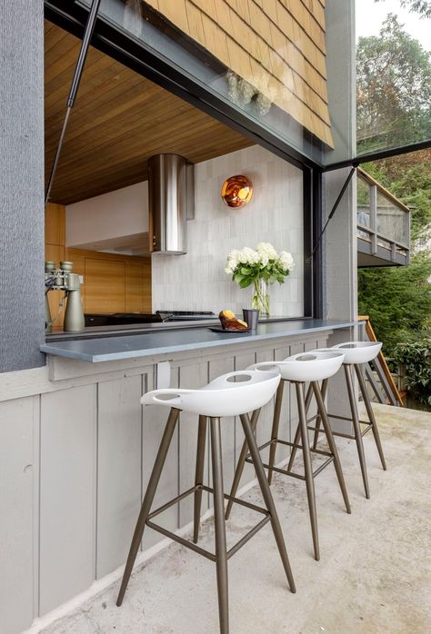 Indoor Outdoor Bar, Petite Kitchen, Bowen Island, Indoor Outdoor Kitchen, White Tile Backsplash, Fancy Kitchens, Outdoor Living Rooms, L Shaped Kitchen, Outdoor Entertaining Spaces