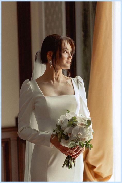 Simple Dress Long Sleeve, Bridal Dress Long Sleeve, Simple Dresses Long, Wedding Dress With Square Neckline, Sleeve Mermaid Wedding Dress, Mermaid Bridal Dress, Long Sleeve Wedding Dress Simple, Square Neck Wedding Dress, Elegant Long Sleeve Wedding Dresses