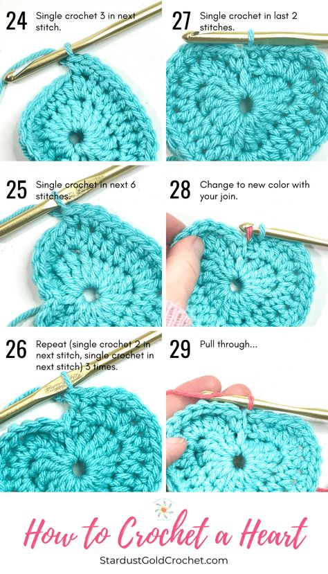 How to Crochet a Heart for Beginners | Step by Step with Video Tutorial - Stardust Gold Crochet Crochet Heart Easy, Granny Squares With Hearts, Crochet Heart Pattern Tutorial, Easy Crochet Hearts, How To Crochet A Heart Tutorials, Crotchet Ideas Projects Easy, Crocheted Heart Pattern, Easy Crochet Heart Pattern Free, Easy Crochet For Beginners Step By Step