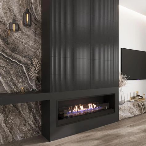 Grazioso Fluted Nero Ceramic Tile 12x36 White Fluted Fireplace, Black Panel Fireplace Wall, Black Fluted Fireplace, Water Vapor Fireplace Ideas, Black Marble Fireplace Wall, Black Tile Fireplace Wall, Fluted Tile Fireplace, Modern Fireplace Wall With Tv, Large Format Tile Fireplace