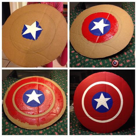 Cardboard Superhero, How To Make A Shield Out Of Cardboard, Captain America Pinata, Captain America Helmet Diy, Captain America Party Decorations, Captain America Decorations, Cardboard Captain America Shield, Diy Captain America Shield, Diy Avengers