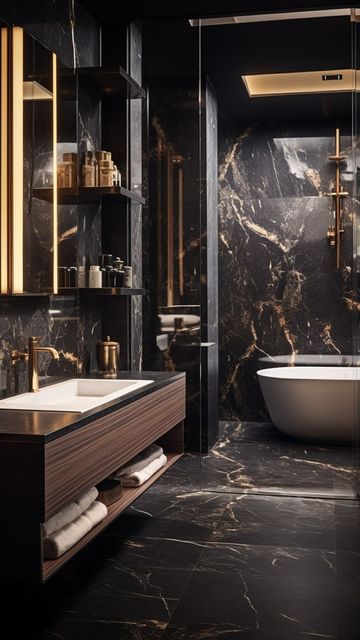 Black And Gold Bathroom Aesthetic, Black And Gold Bathroom, Modern Luxury Bathroom, Dark Bathrooms, Loft Bathroom, Black Rooms, Life Status, House Aesthetic, H Design