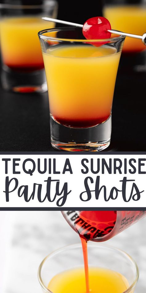 These Tequila Sunrise Shots are fun party shots that are a mini version of the classic tequila sunrise cocktail. Made with only 3 ingredients, it’s easy to make a batch of these shots in 5 to 10 minutes. Make Ahead Shots, Blueberry Muffin Shot, Tequila Sunrise Drink, How To Make Tequila, Strawberry Shots, Tequila Sunrise Recipe, Tequila Sunrise Cocktail, Unique Cocktail Recipes, Strawberry Simple Syrup