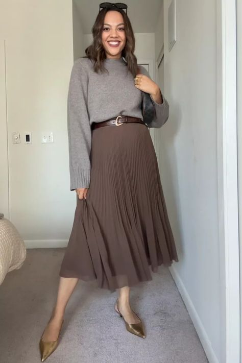 NEW TWIRL PLEATED SKIRT curated on LTK Business Casual Skirt Outfits, Chilly Outfits, Business Casual Skirt, Casual Skirt Outfits, Casual Professional, Professional Style, Brown Belt, Professional Fashion, Pleated Midi Skirt