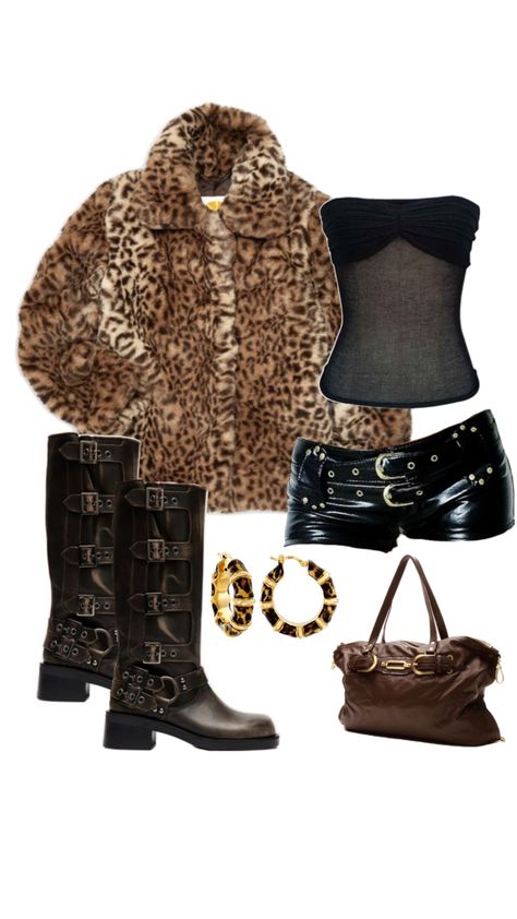 going out night out leopard print fur coat outfit Cheetah Print Fur Coat Outfit, Brown Fur Outfit, Leopard Outfit Aesthetic, Fur Outfit Aesthetic, Leopard Print Outfit Ideas, Going Outfits Night, Lepord Print 2000s, Animal Print Outfits Party, Cheetah Print Jacket Outfit