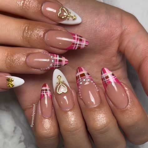 pink plaid 💗✨☁️ inspo @thelatech - - - #gelnails #pressonnails #pressonsforsale #gelxnails #gelx #nailstagram #custompressonnails #nails #nailsofinstagram #nailsnailsnails #apresgelx #smallbusiness #nailart #nailartist #nails💅#bramptongelxnails #explore #explorepage #bramptongelxtech #chromenails #plaidnails #y2knails #plaidnailart #birthdaynails #bramptongelx #bramptonnails #bramptonnailtech #torontonails #pressedxpainted Red And Pink Plaid Nails, Pink Plaid Nail Art, Pink Plaid Nails Acrylic, Pink Flannel Nails, Plaid Pink Nails, Pink Tartan Nails, Plaid Nails Pink, Pink Plaid Nails, Plaid Nail Designs