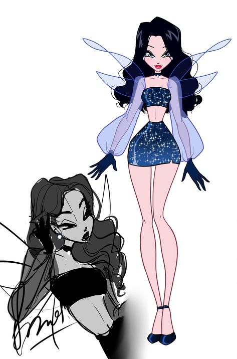 Winx Club Trix Fairy, Winx Club Oc Black Hair, Witch Ocs Art, Winx Moon Fairy, Fairy Dresses Drawing, Winx Club Cosmix Oc, Winx Wings Oc, Winx Club Fairy Oc, Winx Fairy Outfits