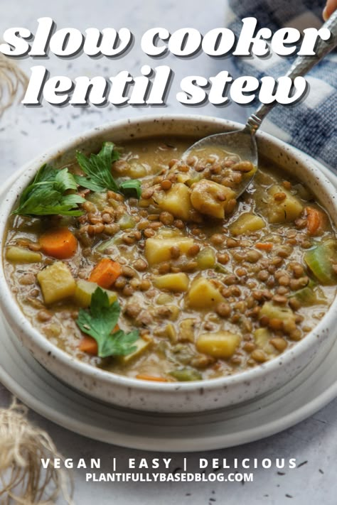 Lentil Recipes Crockpot, Lentils Potatoes, Green Lentil Recipes, Lentil Stew Recipes, Slow Cooker Stew Recipes, Slow Cooker Lentil Soup, Vegetarian Stew, Vegan Slow Cooker Recipes, Vegan Crockpot