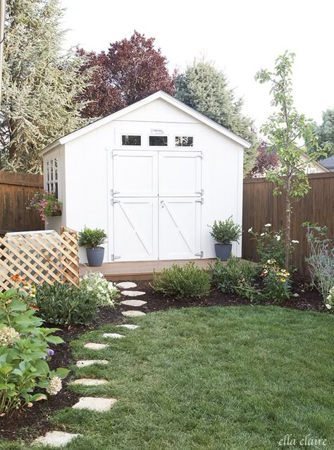 Stepping stones and landscaping around the shed... Build a smallish porch on front of our shed. Backyard Shed Landscaping, She Shed Plans, Shed Build, Shed Landscaping, Shed Makeover, Backyard Storage Sheds, Shed Construction, Wood Storage Sheds, Large Sheds