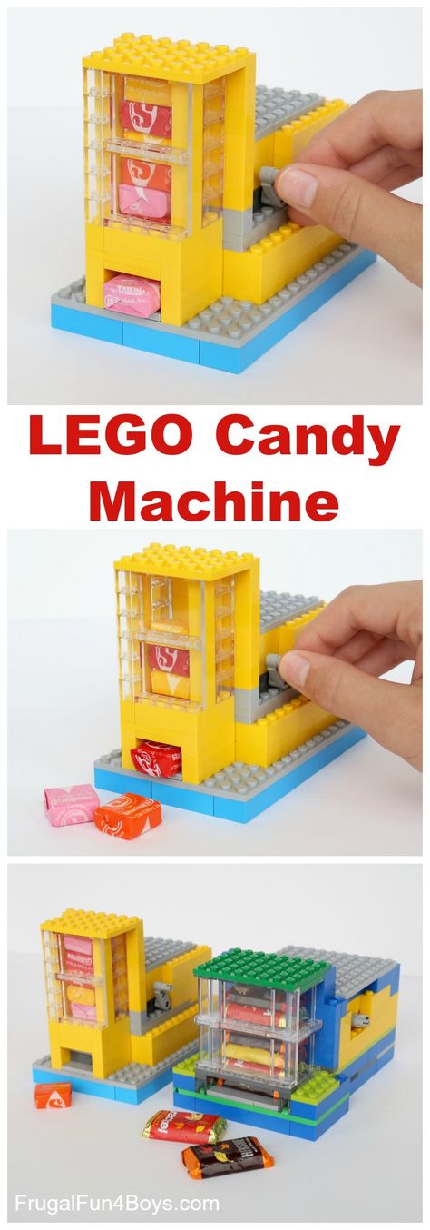 Lego Candy Dispenser Instructions, Lego Machines That Work For Kids, Candy Machine Dispenser, Lego Candy Machine Tutorials, Lego Gumball Machine, Fun Lego Builds, Lego Creations For Kids, Lego Ideas To Build, Magnatile Ideas