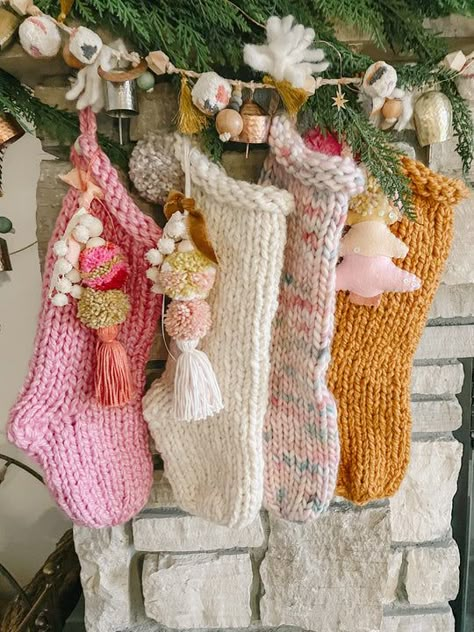 Eclectic Christmas Stocking, Anthropologie Christmas Stocking, Hand Knitted Christmas Stocking, Nordic Stockings Christmas, Pom Pom Stocking, Diy Knit Stocking, Diy Knit Stockings Christmas, Pastel Christmas Stocking, Whimsical Christmas Stocking