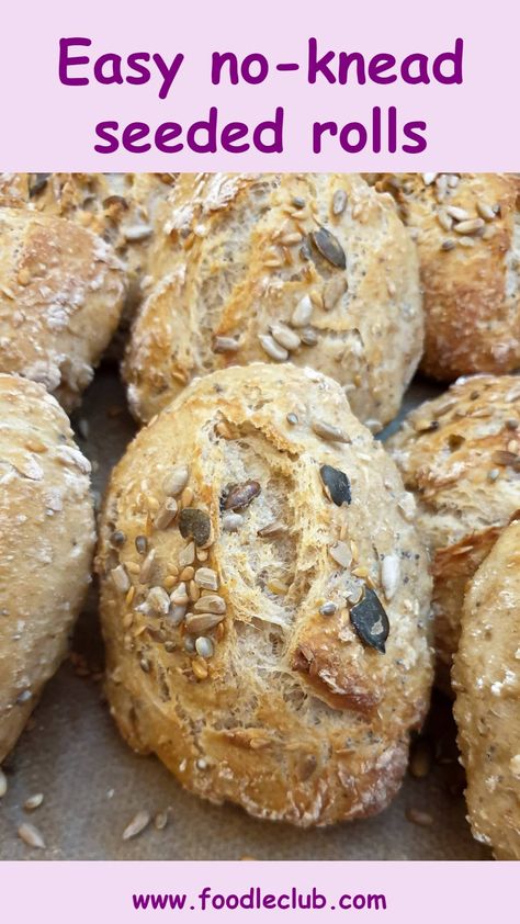 Close up of no-knead seeded bread rolls. Homemade Seeded Bread, No Knead Seeded Bread, Healthy Bread Rolls, No Knead Rolls Easy, No Knead Rolls, No Knead Whole Wheat Bread, Healthiest Bread, Freezer Soups, Vegan Dinner Rolls