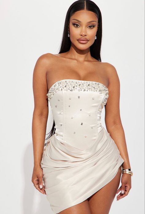 Homecoming Dresses Fashion Nova, Champagne Pink Dress Prom, Pink Mini Dress Birthday, Crazy Hoco Dresses, Short White Dress With Pearls, White Dress Pearls, Birthday Dinner Dress Black Women, Fashion Nova Birthday Dress, Baddie Homecoming Dresses